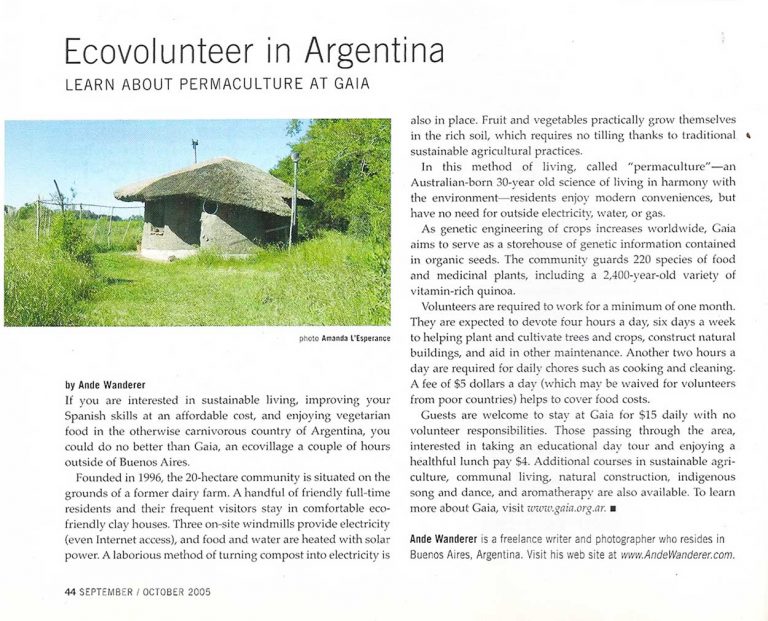 A clipping of Ande Wanderer's article on the permaculture community of Gaia in the province of Buenos Aires. Transitions Abroad