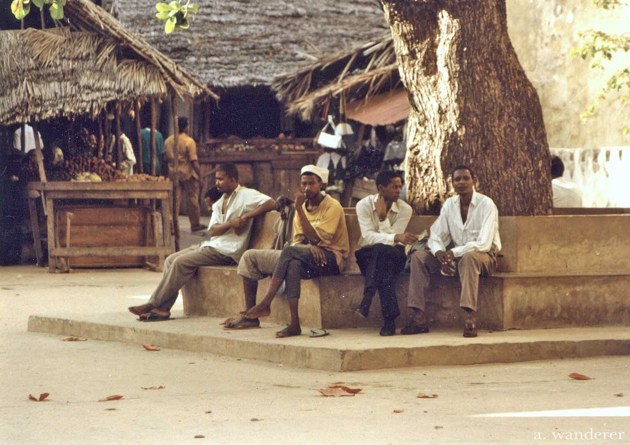 Men sit in the shade of a tree on Lamu island, Kenya