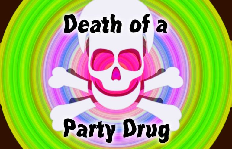 GHB: Death of a party drug superimposed over a skull with a colorful background