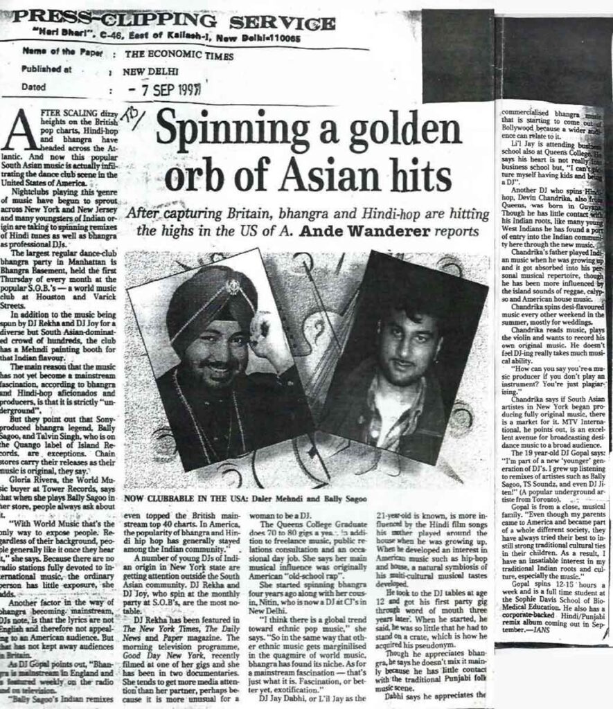 Bhangra and Hindi Hop Press Clipping from the Economic Times