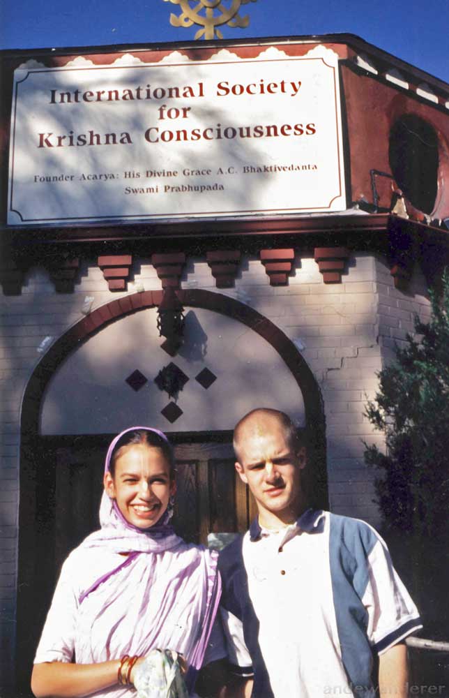 A Krishna couple posing before the Denver ISKON temple