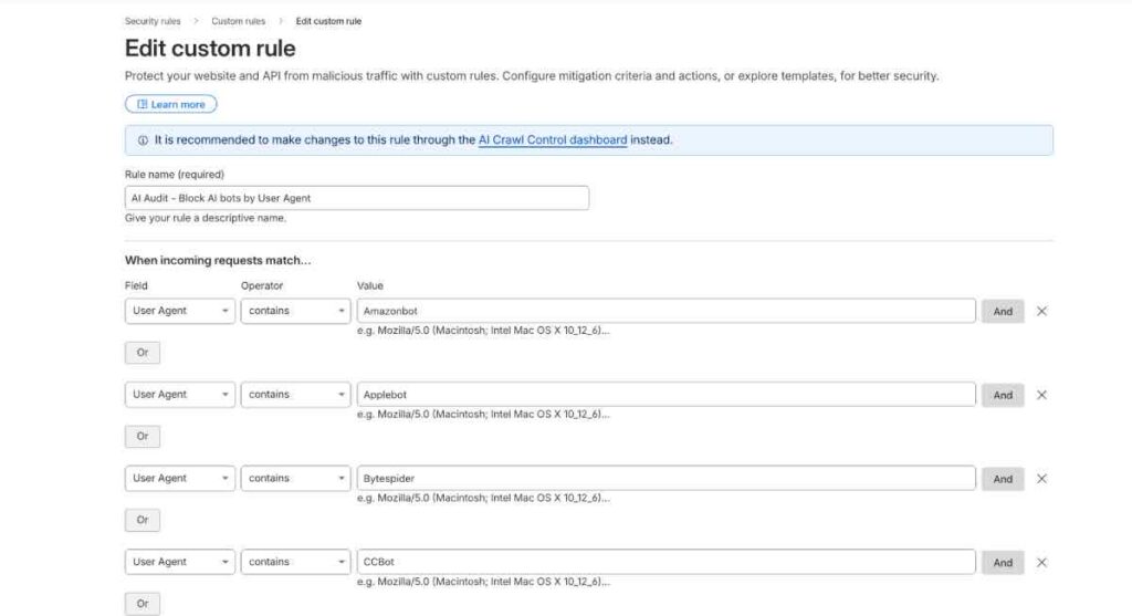 Edit custom rules cloudflare 